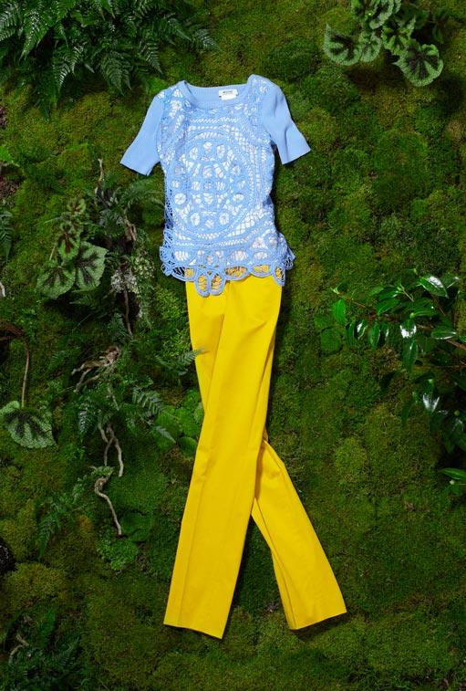 MOSCHINO CHEAP & CHIC straight ankle pant in yellow, $340. Crochet front sweater in blue, $640.